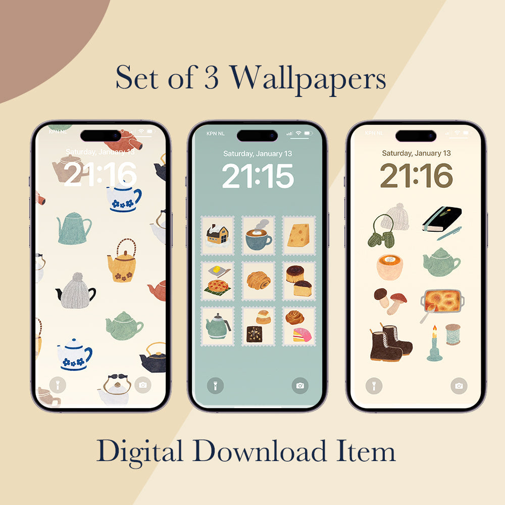 Set of 3 Phone Wallpapers | DIGITAL DOWNLOAD | 02 "Stamp Collection, Cozy winter day, Teapots Pattern"